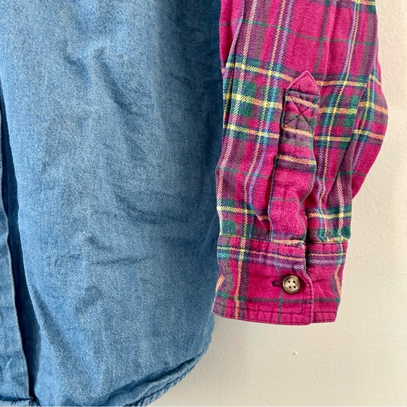 Vintage grunge Denim button down hoodie with Plaid Sleeves - Picture 3 of 8